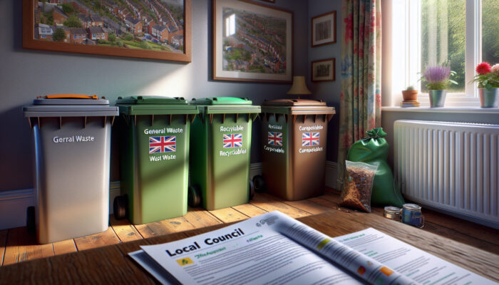 UK household sorting waste into three bins: general, recyclables, compostables, with local council guide.