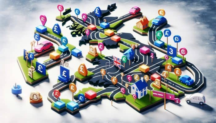 How to Consolidate Debt Across State Lines: A Guide | DCL A detailed map of the UK illustrating various debt consolidation loan options with paths and signposts indicating unique benefits and tailored solutions.