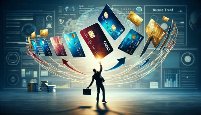 How to Consolidate Debt Across State Lines: A Guide | DCL Individual juggling multiple credit cards, transferring balances to a new card with lower interest in a professional setting.