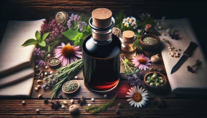 DIY Herbal Tincture Recipes: A glass bottle of dark herbal tincture with echinacea, chamomile, and valerian on a rustic wooden background.