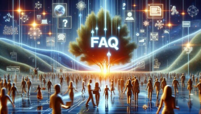Utilising FAQs in Hosting Content Marketing: A vibrant FAQ section on a digital landscape, surrounded by happy, diverse website visitors.