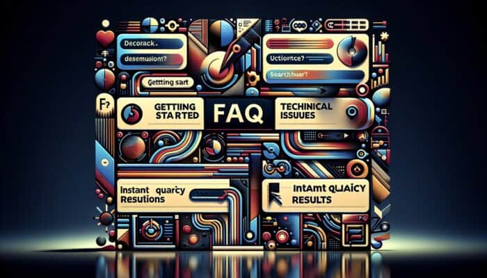 A user-friendly FAQ page on a computer screen with sections like "Getting Started," "Technical Issues," and "Billing Questions," and a search bar.