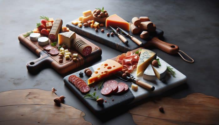 A rustic wooden, sleek slate, and elegant marble charcuterie boards with vibrant cheeses and meats.