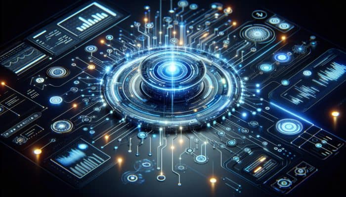 Futuristic AI interface with glowing circuits and nodes processing voice commands on a dark background.