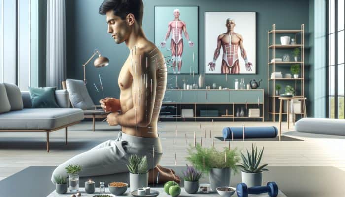 Integrating Acupuncture Into Men’s Wellness: A serene man receiving acupuncture, surrounded by health symbols in a modern, minimalist setting.