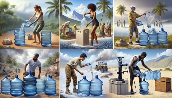 Earthquake Kit Essentials: Diverse group storing emergency water in BPA-free containers for various climate conditions.