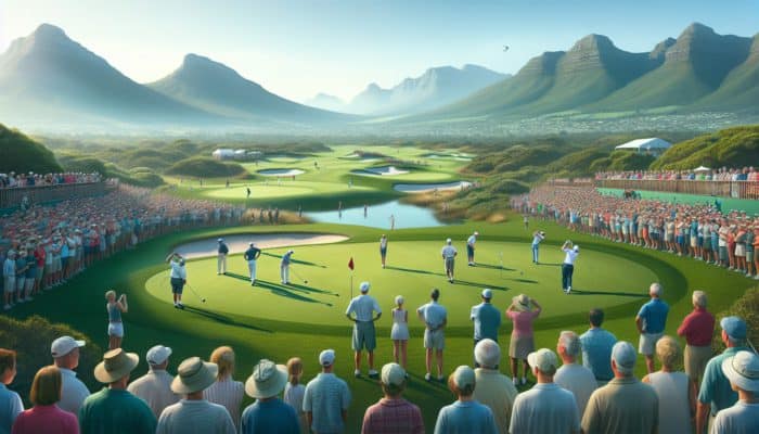Golfers competing in a prestigious championship at Hermanus Golf Club, with lush fairways and an excited crowd under a clear blue sky.