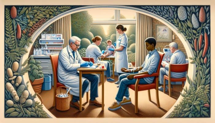 A child receiving a well-person blood test in a serene Kidsgrove clinic, surrounded by caring healthcare professionals.