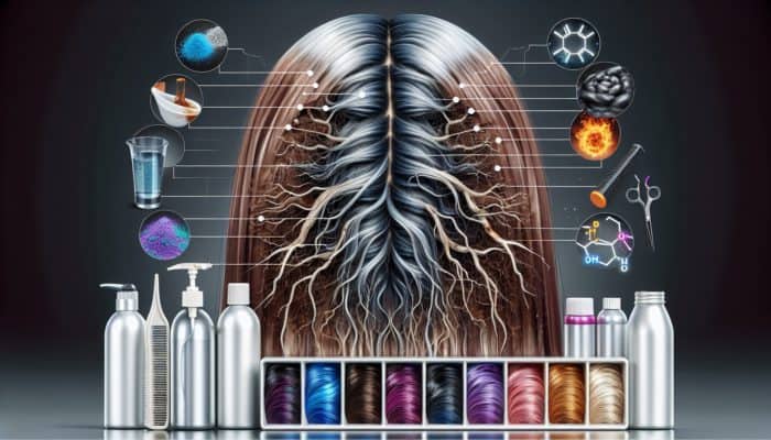 Damaged color-treated hair strands with signs of brittleness and breakage, surrounded by dye bottles, heat tools, and UV/pollution symbols.