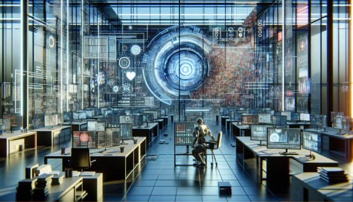 AI in a futuristic lab analysing SERP data, showing biases in graphs and struggling with human emotions and cultural contexts.