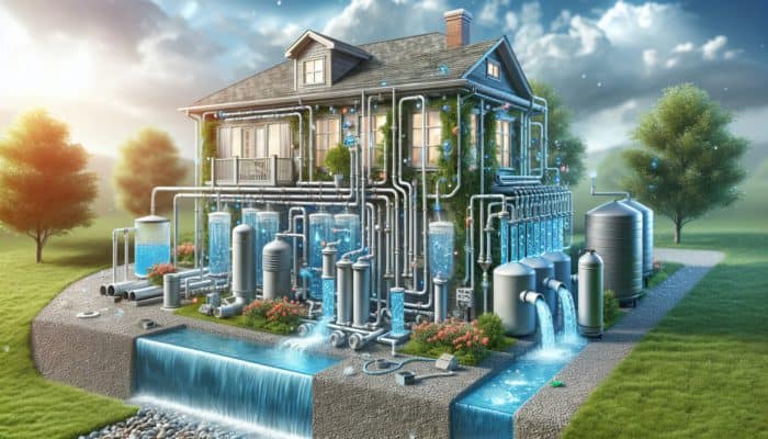 Blueprint of rainwater harvesting system installation around a suburban home, showing water flow and testing.