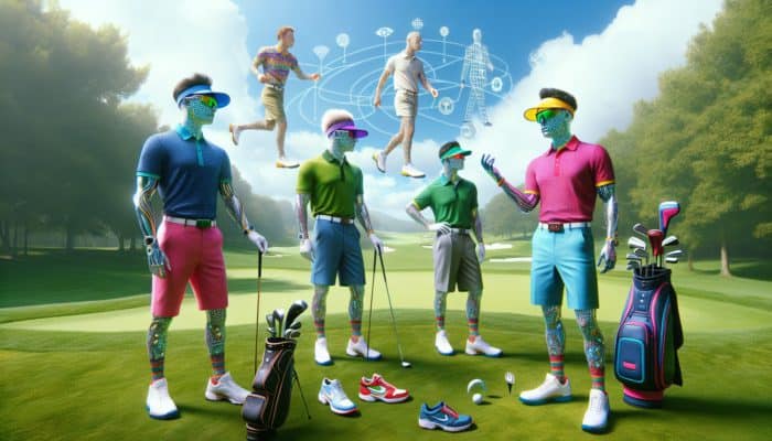 Stylish golf attire, including vibrant polo shirts and fashionable visors, showcased by experts on a lush golf course.