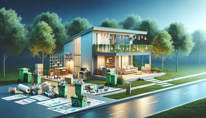 Eco-friendly quotes for house clearance: A modern home cleared with eco-friendly methods, items sorted for reuse and recycling, minimal waste, serene green backdrop.