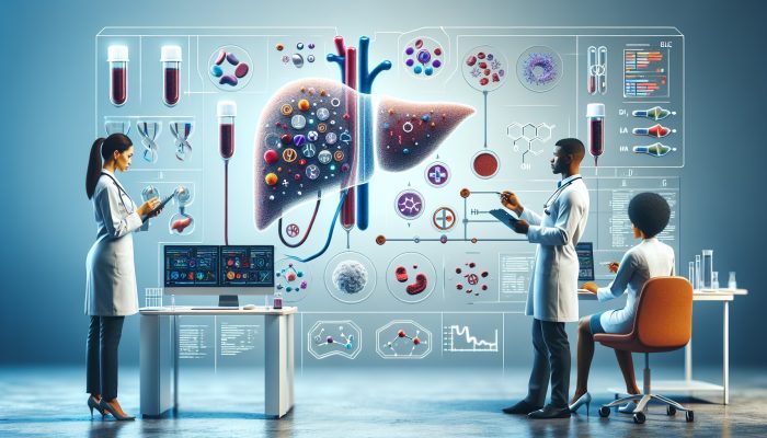 Illustration of liver blood test process in Royton clinic, showing enzyme, protein, and bilirubin analysis.