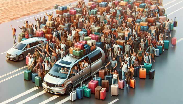 A spacious minivan filled with luggage, seating a diverse group ready for a scenic road trip.