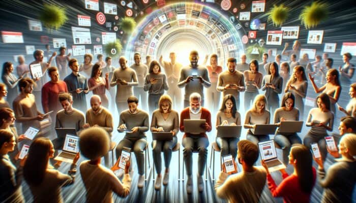 Utilising Customer Narratives for E-Commerce SEO: A diverse group of satisfied customers sharing shopping experiences on an e-commerce platform, enhancing SEO.