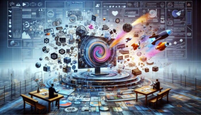 A vibrant digital screen showcasing an SEO-optimised customer narrative with keywords, headlines, and multimedia.