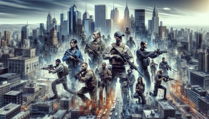 Urban survival experts teaching navigation, self-defense, and resourcefulness in a bustling city with skyscrapers.