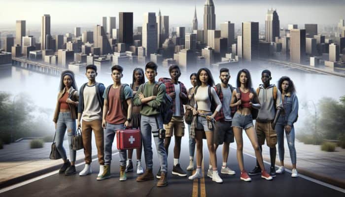 Diverse urban students using first aid kits and self-defense skills, symbolising educational impact on survival preparedness.