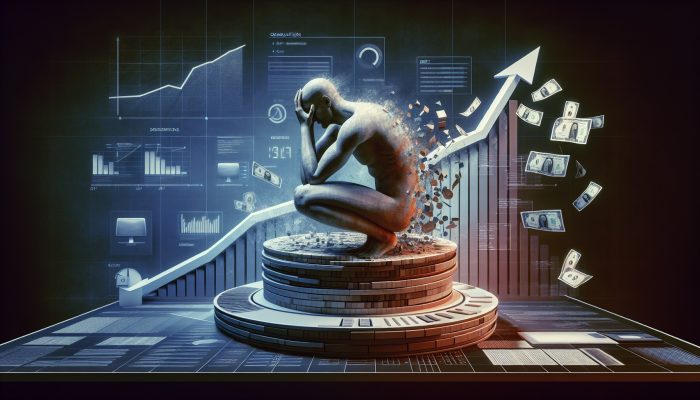 A person surrounded by loan documents and a calculator, with a graph showing a rising debt-to-income ratio.