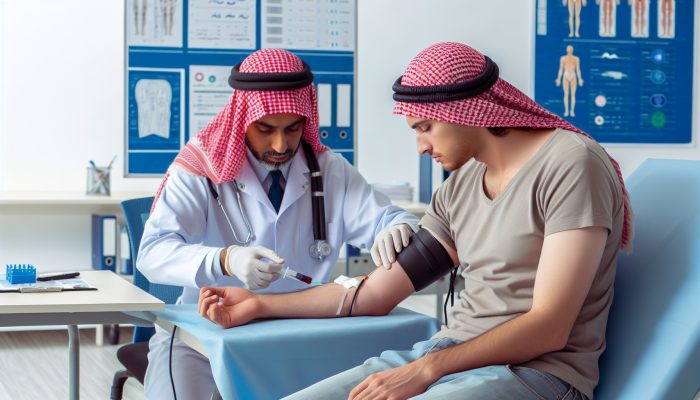 A healthcare professional drawing blood from a male patient's arm in a clinic, using a needle and tourniquet.