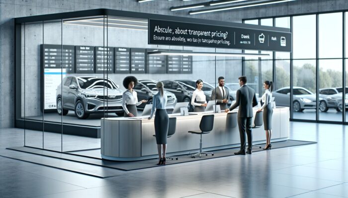 A modern car rental office with transparent pricing, diverse vehicles, and friendly staff at a service desk.