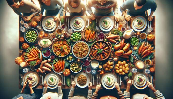 Top Holiday Side Dishes for Crowds: A festive table with roasted vegetables, stuffing, and garlic mashed potatoes, surrounded by celebrating family and friends.