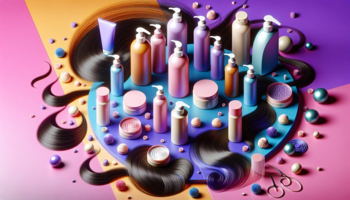 A colorful display of various hair moisturizers with hydrated hair strands.