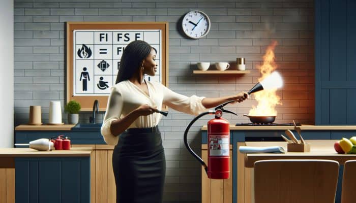A person using a fire extinguisher on a kitchen fire, with smoke alarms and safety signs visible.