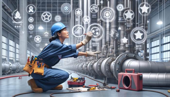 A professional plumber working on industrial pipes in a commercial setting, surrounded by certifications and customer reviews.