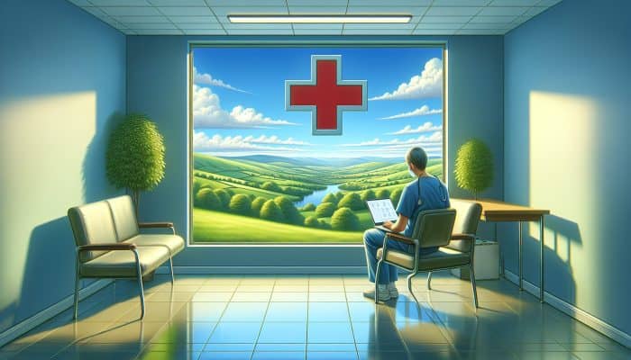 Patient using laptop in clinic waiting room to schedule kidney blood test, view of Rawtenstall landscape.