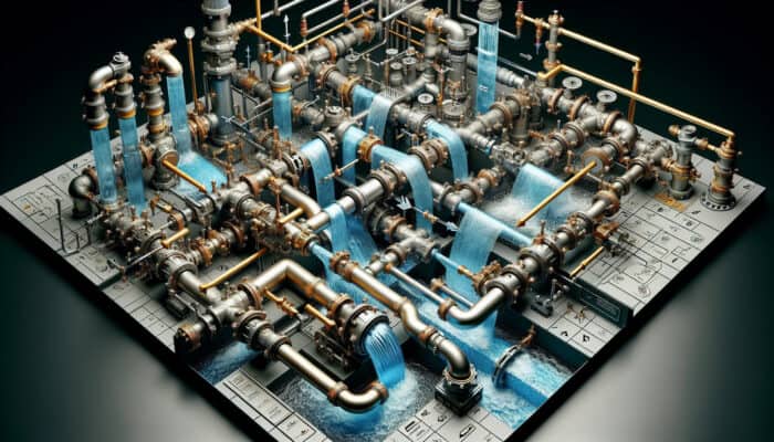 Cross-section of plumbing system showing backflow with arrows indicating reversed water flow and contamination.