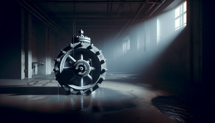 A neglected backwater valve in a dimly lit basement, surrounded by shadows and dripping water, symbolizing hidden dangers.