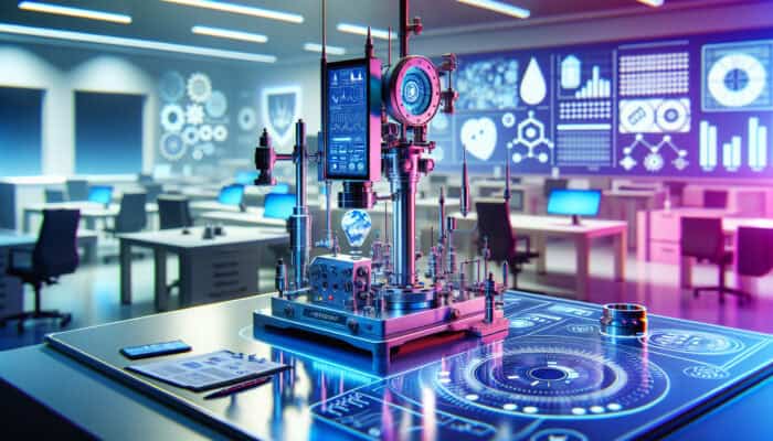 Modern backflow testing device with smart sensors and wireless connectivity in a high-tech lab, enhancing water safety.