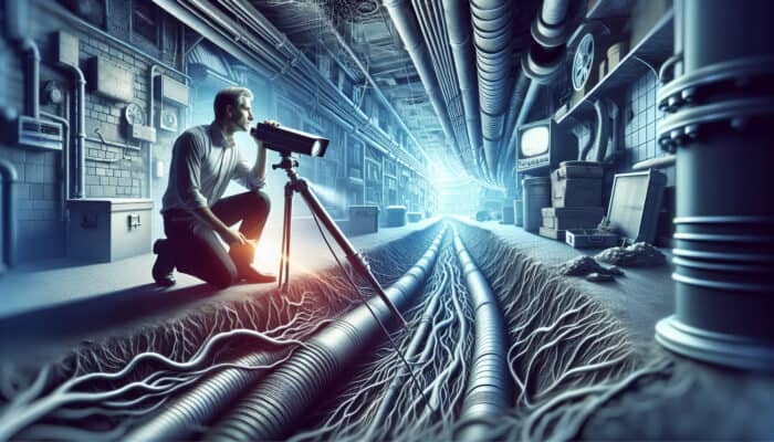 Sewer Inspection Services in Whistler: A sewer inspector using CCTV camera to examine sewer lines for cracks, blockages, and root intrusions.