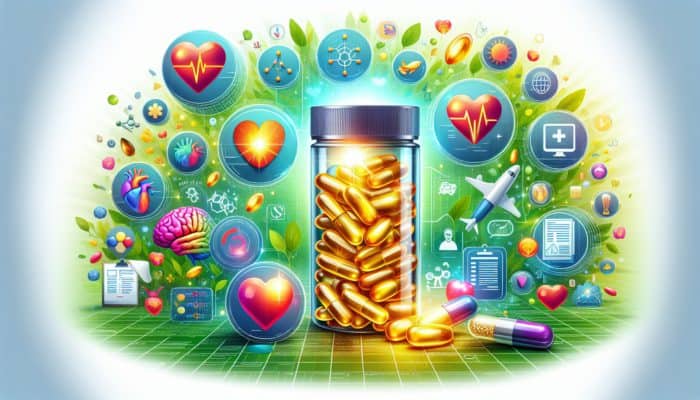 Illustration of omega-3 capsules with heart, brain, and anti-inflammatory icons in a green, healthy environment.