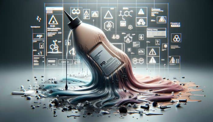 Close-up of hair dye bottle leaking PPD, ammonia, resorcinol, with damaged hair and warning symbols.