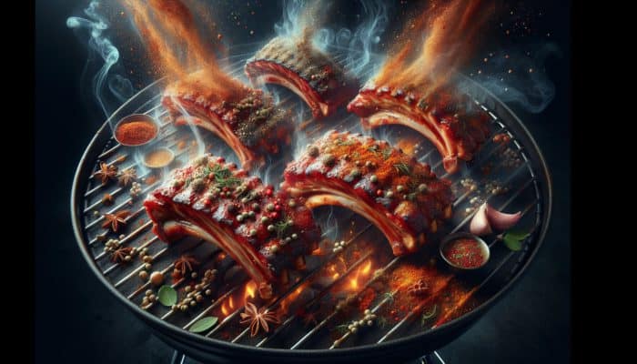 Pork ribs glazed with coriander, cumin, five-spice, sumac, and za'atar, sizzling on a BBQ grill.