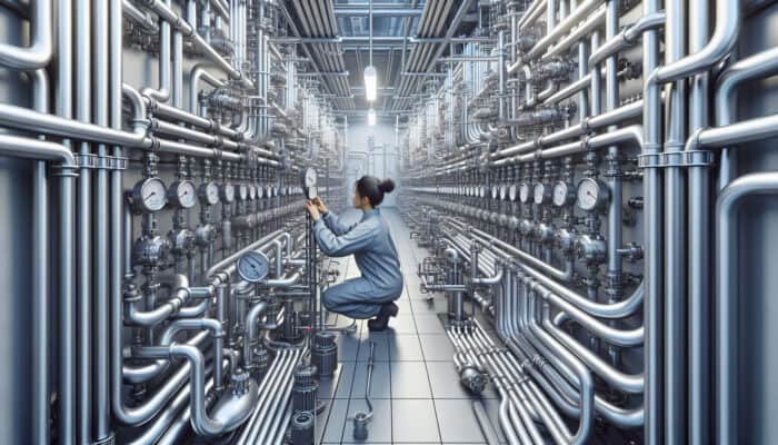 A technician examining the pressure gauge on a hydronic heating system in a well-maintained boiler room.