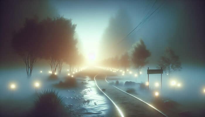 A serene misty landscape with a clear path lined by glowing clearance items, symbolizing guidance and peace during grief.