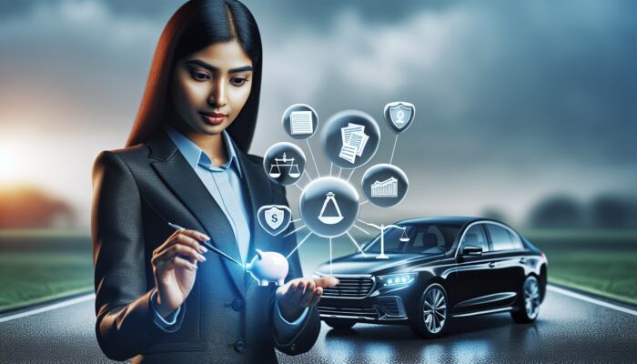 Person reviewing car rental agreement, focusing on liability, coverage, deductibles, with car in background.