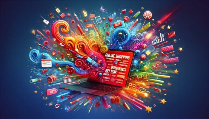 A laptop showing an online shopping page with product descriptions, "Buy Now" buttons, discounts, and customer reviews on a vibrant background.