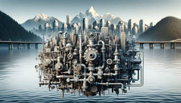 Diagram of backflow testing equipment with North Vancouver's skyline and mountains, illustrating expert service.