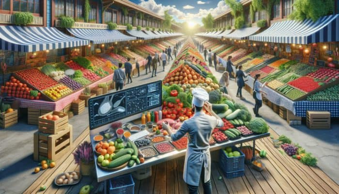 A chef at a farmer's market, assessing seasonal produce and meat prices for BBQ sourcing challenges.