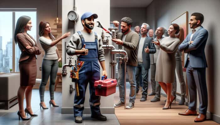 A plumber inspecting a water valve in a modern North Vancouver home, with satisfied customers.