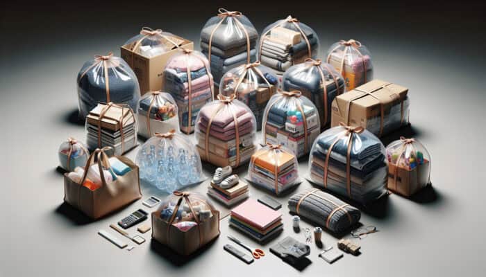 Household items packed in various reusable bags, glassware padded in smaller bags for safe transport.