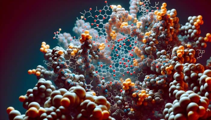 Microscopic view of ferritin molecules storing iron, crucial for health functions like oxygen transport and immune support.