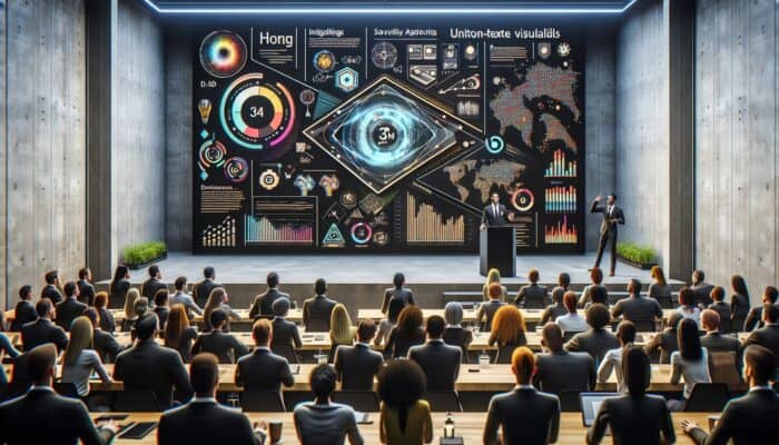 Enthusiastic presenter showcasing new tech gadget on large screen in modern conference room, interactive audience, visual aids.