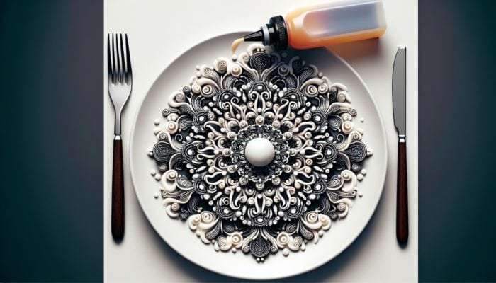 How to Garnish Desserts for Wow Factor: Elegant dessert plate with intricate simple syrup designs, enhancing visual appeal.