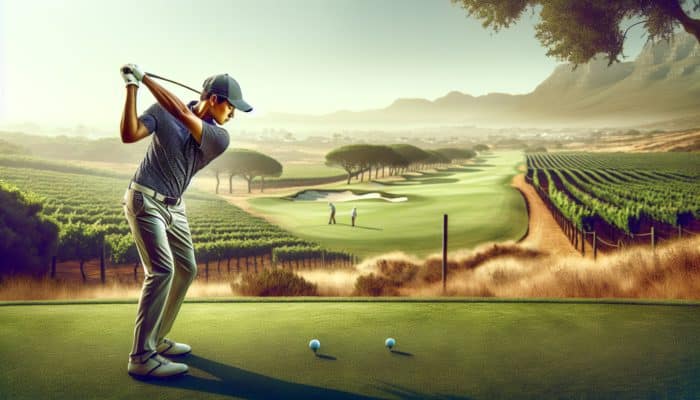 A right-handed golfer executing a cut shot on a South African course, navigating around obstacles towards the green.